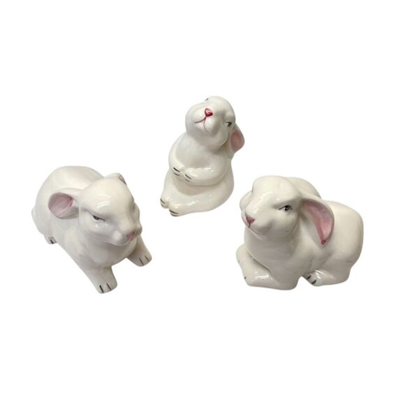 Set of 3 Ceramic Bunny Figurines Hand Painted Glazed White Rabbits Easter Decor - Picture 3 of 6